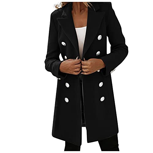 Rosennie Damen Winter Mantel Lang Wollmantel Zweireihige Dicke Woll Trenchcoat Jacke BeiläUfige Business Blazermantel Warm Frauenmantel Slim Langarm Knopf Faux Wollmäntel von Rosennie