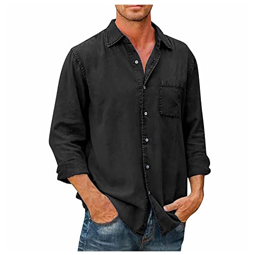 Rosennie Henley Shirt Herren Langarm Herren Hemd Grün Grüne Poloshirts Revers Einfarbiges Knopfleiste Freizeithemd Mit Brusttasche Langarm Hemd Baumwoll Leinen T Shirt Longshirt Herren (Schwarz 4XL) von Rosennie