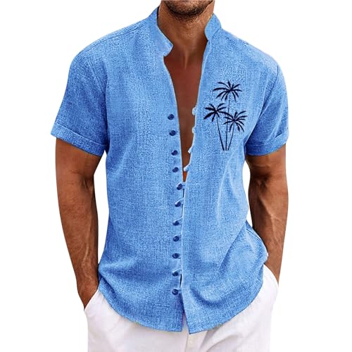 Rosennie Herren Hemd Langarm Schwarzes Hemd Herren Poloshirt Langarm Herren Stehkragen Palm Druck Sommerhemd Kurzarm Knopfleiste Strandhemd Sport Top (Blau L) von Rosennie