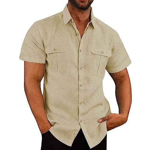 Rosennie Muscle Shirt Herren Herren Hemd Langarm 4XL Reverskragen Einfarbiges Knopfleiste Sommerhemd Kurzarm Locker Henley Hemd Mit Brusttasche Leinenhemd Herren (Beige, 3XL) von Rosennie