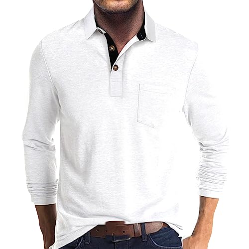 Rosennie Thermo Shirt Herren Herren Hemd Bügelfrei Herren Hemd Halbe Knopfleiste Einfarbig Henley Shirt Langarm Regular Fit Sommer T Shirts Mit Brusttasche Slim Fit Golf Shirt Hemd Weiß (Weiß, L) von Rosennie