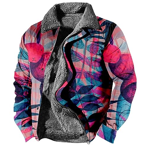 Rosennie Trachtenjacke Herren Übergangsjacke Herren Winter Mantel Herren Vintage Leaf Druck Revers Winterjacke Mit Reißverschluss Fleece Futter Sweatjacke Trachten Jacke (Hot Pink, M) von Rosennie