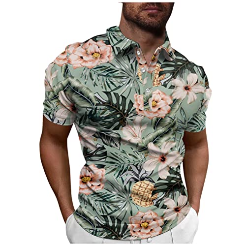 Slim Fit T-Shirt Herren Hawaii Tshirt Herren Polohemd Herren V-Ausschnitt Blumen Bedruckt Knopfleiste T Shirt Tailliert Golf Shirt Kurzarm Henley Shirt Basic Arbeits T Shirt Poloshirt Schwarz Minzgrün von Rosennie