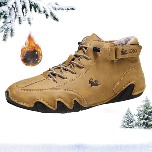 Rouingdd Barfußschuhe Damen Winter Bequem Rutschfester aus Echtem Leder Draussen Leicht Beck Schuhe Warm Gefüttert Winterschuhe Unisex Barfuss Wanderschuhe Schneestiefel mit Klettverschluss von Rouingdd