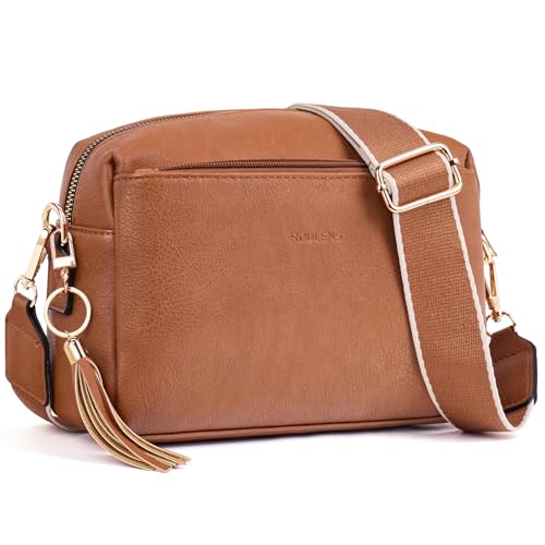 Roulens Damen Handy Umhängetasche,Veganem Leder Crossbody Schultertasche,Breiter Riemen Abendtasche mit drei Reißverschlussfächern Handtaschemit mit Kartenschlitz Verstellbar Abnehmbar Schultergurt von Roulens