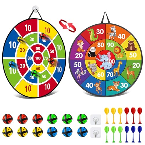 RoxNvm Dartscheibe Kinder, Klett Dartscheibe Kinder 26 inches,Doppelseitige Dartscheibe für Kinder Mit 12 klebrigen Bällen 12 Darts,Wurfspiel Kinder Dartscheibe für Outdoor Indoor Kinder Spiel Wahl von RoxNvm