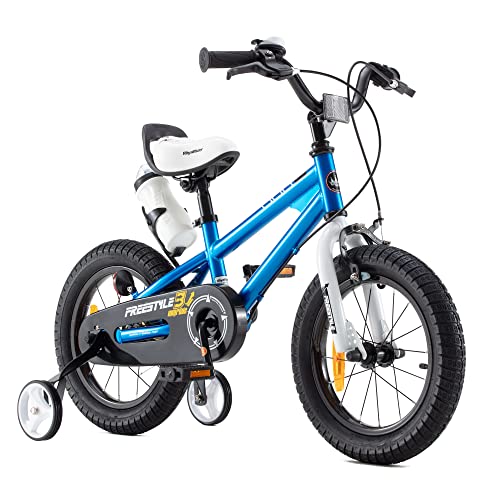 RoyalBaby Freestyle Kinderfahrrad Jungen Mädchen mit Stützräder Fahrrad 14 Zoll Blau von RoyalBaby