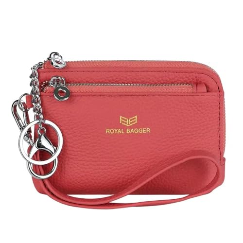 Royal Bagger RFID-Münzgeldbörse mit Schlüsselanhänger, echtes Leder, Multi-Reißverschluss, Clutch, tragbarer Kartenhalter, Extrem-Rosa, Small, Casual von Royal Bagger