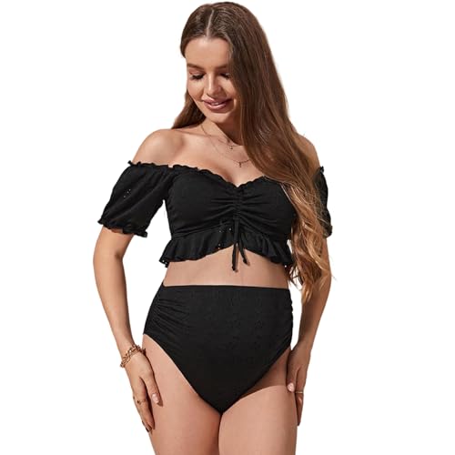 Damen-Badeanzug, 2-teilig, schulterfrei, gerüschte Ärmel, hohe Taille, Bikinis-Set von Ruarby