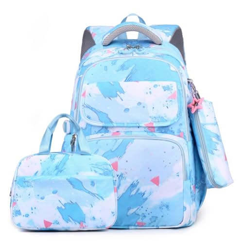 Ruarby Stilvoller und langlebiger Nylon-Rucksack mit Lunchtasche und Federmäppchen für Mädchen, geeignet für Schule, Reisen und den täglichen Gebrauch, blau von Ruarby