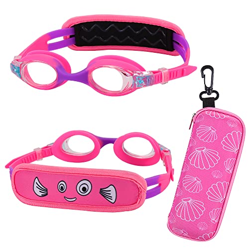 RUIGAO Schwimmbrille für Kinder, Alter 2–6 Jahre, Stoffband, kein Verknoten/einfaches Anziehen, Kinderbrille mit Etui (Kids Goggles-Pink Fish) von RUIGAO