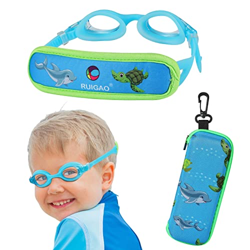 RUIGAO Schwimmbrille für Kinder, Alter 2–6 Jahre, Stoffband, kein Verknoten/einfaches Anziehen, Kinderbrille mit Etui (Turtle & Dolphin) von RUIGAO