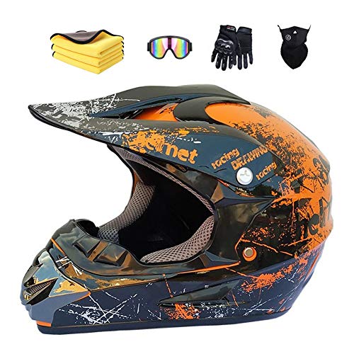 Ruiqieor Motorradhelm Kinder Cross Helme Sturzhelm Helm für Motorrad Kinderquad und Crossbike ATV Helm mit Handschuhe Maske Brille,Orange L:59-60cm von Ruiqieor