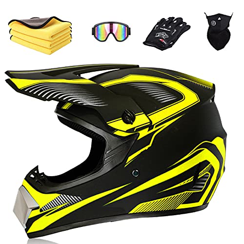 Ruiqieor Motorradhelm Motocross Helm Kinder Cross Helms Motorbike ATV MTB Freien Sport Motorcycle Helmet Set mit Handschuhen Brille,Black Yellow,L:59-60cm von Ruiqieor