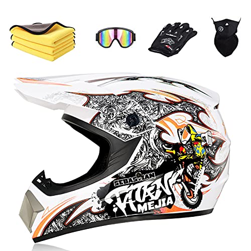 Ruiqieor Motorradhelm Motocross Helm Kinder Cross Helms Motorbike ATV MTB Freien Sport Motorcycle Helmet Set mit Handschuhen Brille,White Yellow,L:59-60cm von Ruiqieor