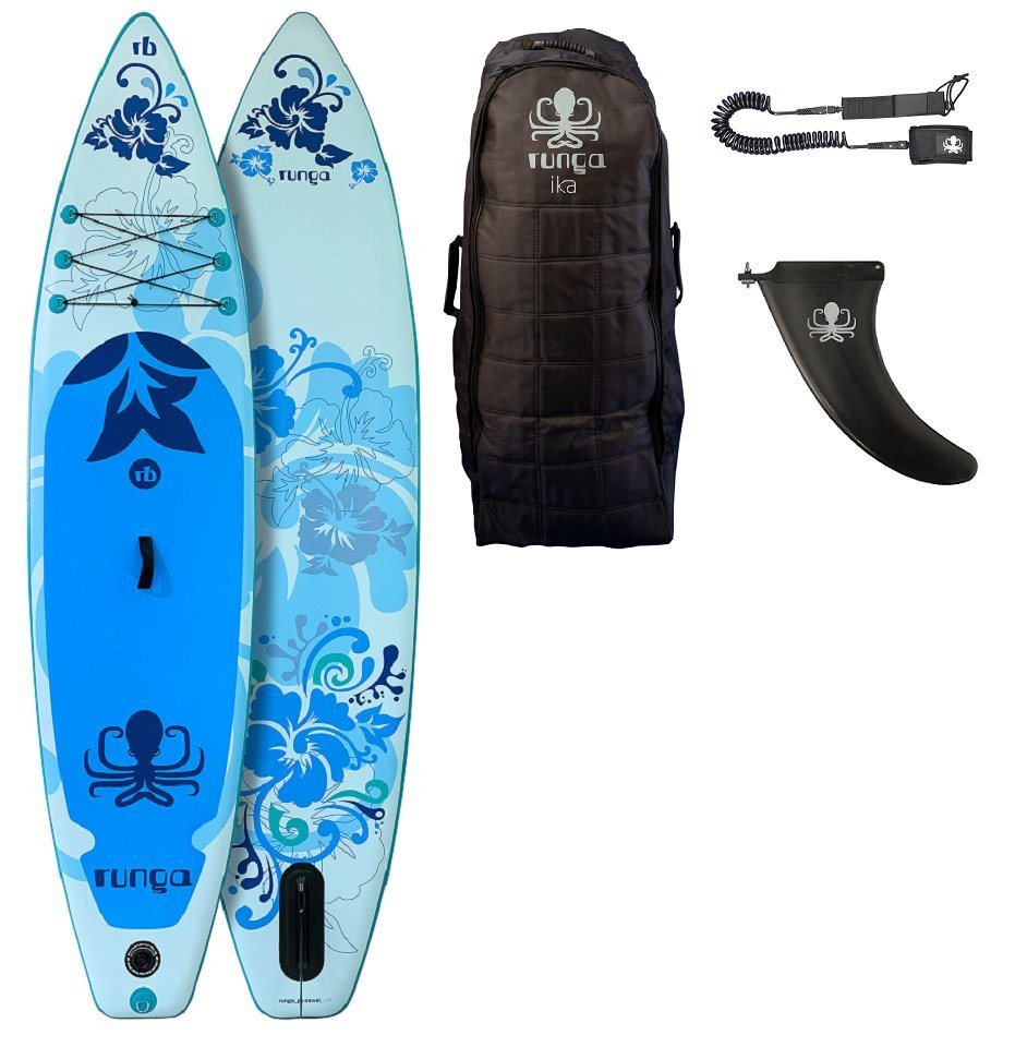 Runga-Boards Inflatable SUP-Board Runga Puaawai AIR 10.6 BLUE Stand Up Paddling SUP iSUP, (Set 1, mit gepolsterten Trolley-Rucksack, Center-Finne und Coiled-Leash) von Runga-Boards