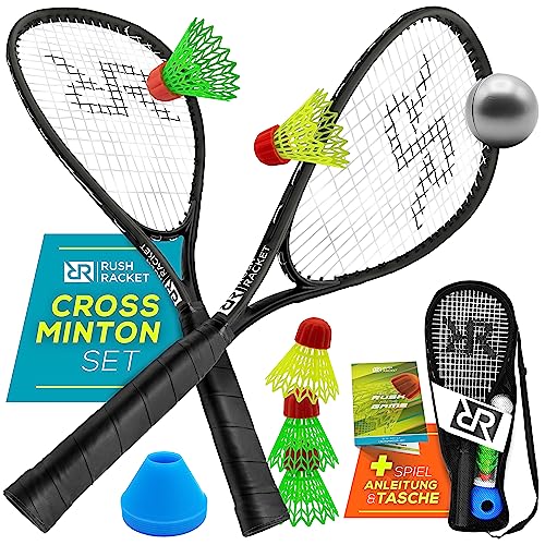 Rush Racket Set RS3 Speed Badminton Set 5-teilig (2X Schläger, 5X Federbälle, 1x Softball, 8X Feldmarkierung, 1x Tragetasche) Crossminton Set - Turbo Badminton Set - Speedbadminton Set (black) von Rush Racket