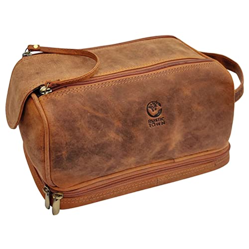 Rustic Town Kulturtasche Männer Leder große Waschtasche Herren im Vintage Design Toilettentasche ideal für Reisen Kulturbeutel aus echtem Leder von Rustic Town