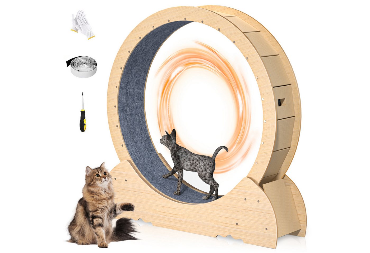 Rutaqian Katzen-Spielschiene Katzenlaufrad, Geräuschloses Holzrad, für Katzenliebhaber, Hauskatzen, Katzen Übungsrad Laufband mit Teppich Landebahn,Haustier Spielzeug für Drinnen von Rutaqian