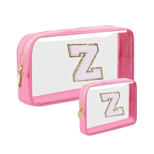 Rxxklpp Transparente Make-up-Tasche aus Chenille mit 26 Buchstaben, wasserdicht, mit Reißverschluss, geeignet für personalisierte Initialen und Muttertaschen für verschiedene Reiseurlaube., Pink, Z von Rxxklpp