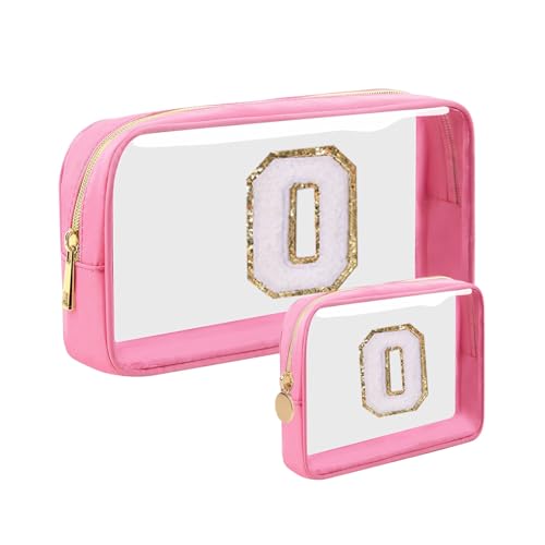Rxxklpp Transparente Make-up-Tasche aus Chenille mit 26 Buchstaben, wasserdicht, mit Reißverschluss, geeignet für personalisierte Initialen und Muttertaschen für verschiedene Reiseurlaube., Pink, O von Rxxklpp