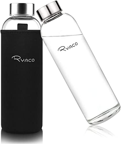 Ryaco Glasflasche 1 liter /1l - 550ml - Trinkflasche Wasserflasche Glas mit Neoprenhülle - Flasche Glas mit Schwammbürste - Glastrinkflasche für kohlensäurehaltige Getränke von Ryaco