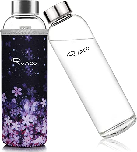 Ryaco Glasflasche 1 liter /1l - 550ml - Trinkflasche Wasserflasche Glas mit Neoprenhülle - Flasche Glas mit Schwammbürste - Glastrinkflasche für kohlensäurehaltige Getränke von Ryaco