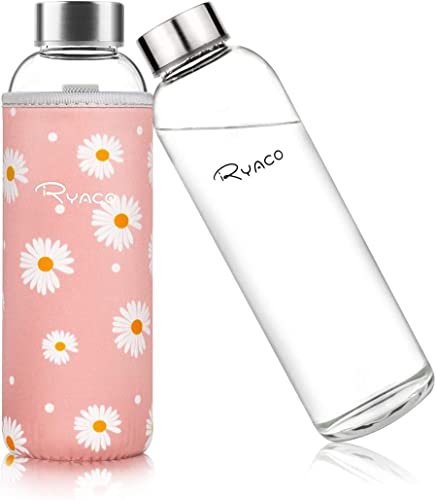 Ryaco Glasflasche 1 liter /1l - 550ml - Trinkflasche Wasserflasche Glas mit Neoprenhülle - Flasche Glas mit Schwammbürste - Glastrinkflasche für kohlensäurehaltige Getränke von Ryaco