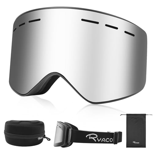 Ryaco Skibrille mit Magnetische Linse, Anti-Nebel OTG Snowboard Brille für Brillenträger, UV-Schutz, Hochauflösende Schneesportbrille für Herren, Damen, Jugendliche, Jungen, Mädchen, Silber von Ryaco