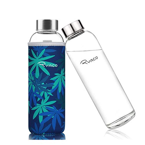 Ryaco Trinkflasche aus Glas 1 Liter /1l - Glasflasche 750ml - 550ml mit Neoprenhülle - Glastrinkflasche mit Schraubverschluss - Wasserflasche Glas für kohlensäurehaltige Getränke - spülmaschinenfest von Ryaco