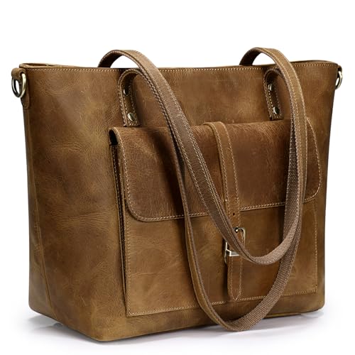 S-ZONE Damen Schultertasche Vintage Crazy Horse Leder Groß Shopper Handtasche Henkeltasche Laptoptasche Arbeit Schule Einkaufen Reise von S-ZONE