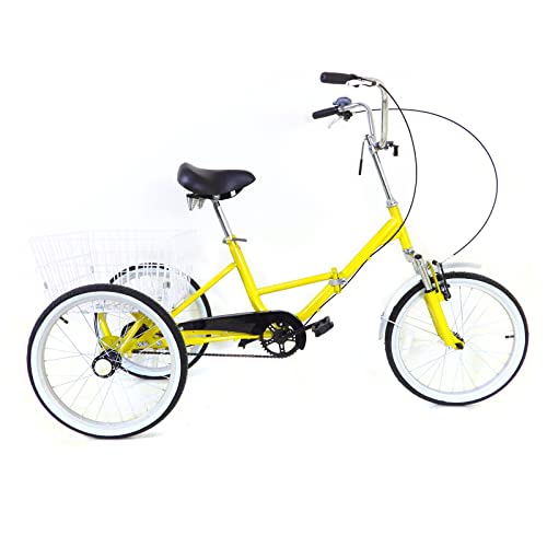 SABUIDDS 20 Zoll Klappdreirad für Erwachsene & ältere Menschen Dreirad mit Einkaufskorb 3 Räder Fahrrad City Tricycle für Städte, Strände, Fahrradwege und Verschiedene Straßen Geeignet, Gelb von SABUIDDS