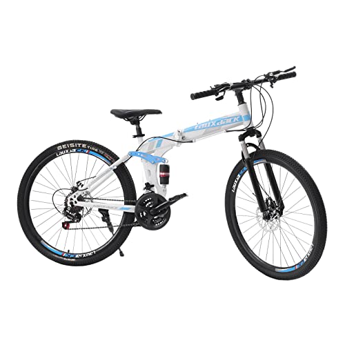 SABUIDDS 26 Zoll Mountainbike mit Vollfederung Fahrrad Klapprad 21-Gang -Schaltung Faltbares MTB Fahrrad mit Stoßdämpfende Scheibenbremse Fully MTB für Damen & Herren, Jungen, Mädchen, Weiß & Blau von SABUIDDS