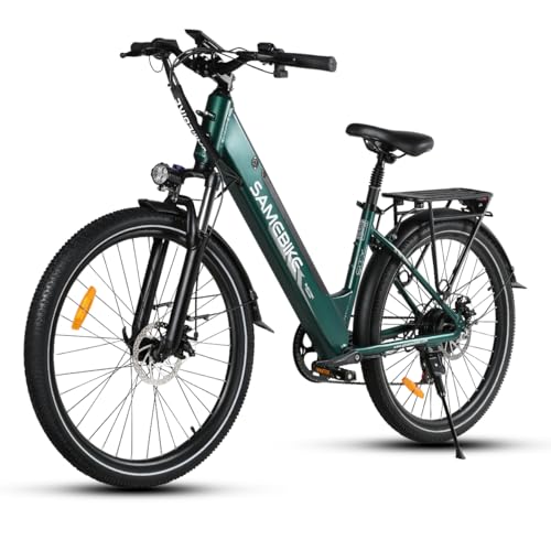 SAMEBIKE 26 Zoll E-Bike Herren Damen mit 250W Motor, 36V 540Wh Akku, Elektrofahrräder E-Fahrrad mit 7-Gang-Getriebe, LCD-Display, Pedelec Citybike EBike, Grün (Urban, Grau) von SAMEBIKE