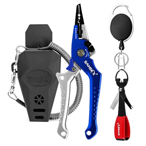 SAMSFX Aluminium-Feststellzangen für Angelsport Fishing Pliers mit schnellem Nagelknoten-Bindewerkzeug und Zinger-Retraktor (7'' Split Ring Nose, Silver & Blue Handle) von SAMSFX