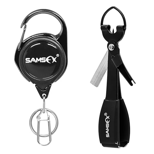 SAMSFX Werkzeug zum schnellen Binden von Angelknoten, 9,4 cm Größe, 4-in-1-Mono-Schnurschneider mit Zinger-Retraktor-Kombination (Karabiner-Zinger, schwarzes Knotenwerkzeug, schwarzer Griff) von SAMSFX
