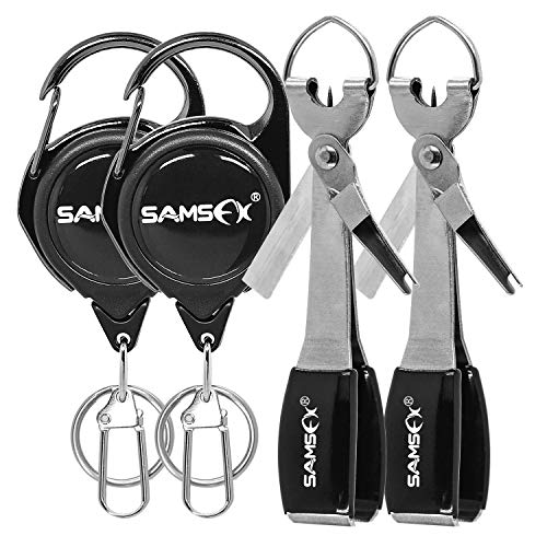 SAMSFX Werkzeug zum schnellen Binden von Angelknoten, neue Länge, 4-in-1-Mono-Schnurschneider mit Zinger-Retraktor-Kombination (2 Sets silberfarbenes Knotenwerkzeug und Karabiner-Zinger) von SAMSFX
