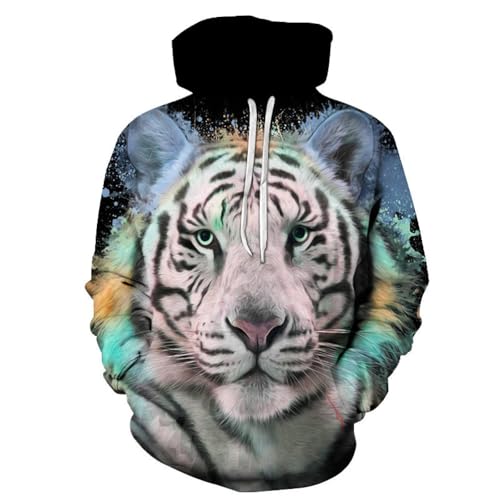 SANBEC Handgezeichneter Tier-Tiger-Löwe-Hoodie für Herren, lässiger 3D-Druck, Kordelzug, bequemer, übergroßer Kapuzenpullover, Herbstkleidung von SANBEC