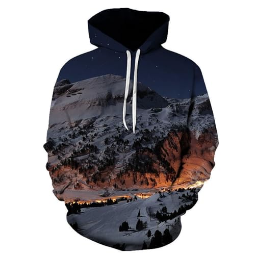 SANBEC Winter Bergwald Schneeszene Nachtszene Hoodie 3D-gedrucktes Sweatshirt für Männer und Frauen mit Kapuze lockerer Herbst- und Wintermantel Streetwear-Jacke Hoodie von SANBEC