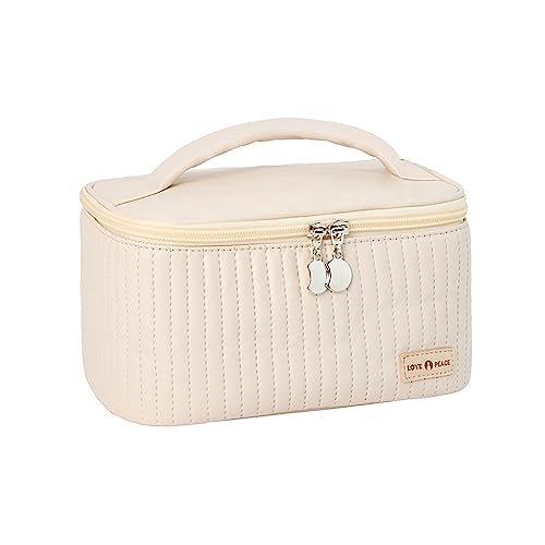 Tragbare Reise Make Up Tasche Aufbewahrungstasche aus PU-Leder Reise Kosmetiktasche Mit Großem Fassungsvermögen Damen Reise Schminktasche süße Reise-Kulturtasche (Beige) von SANQIANWAN