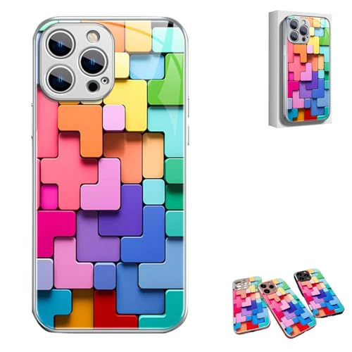 Flat 3D Square Pattern Glass Case Cover for iPhone, Cool Colorful Phone Case, for iPhone 11 12 13 14 15 Pro Max (for iPhone 12ProMAX,Silver) von SARUEL