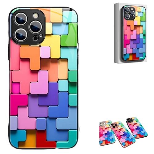 Flat 3D Square Pattern Glass Case Cover for iPhone, Cool Colorful Phone Case, for iPhone 11 12 13 14 15 Pro Max (for iPhone 15ProMAX,Black) von SARUEL