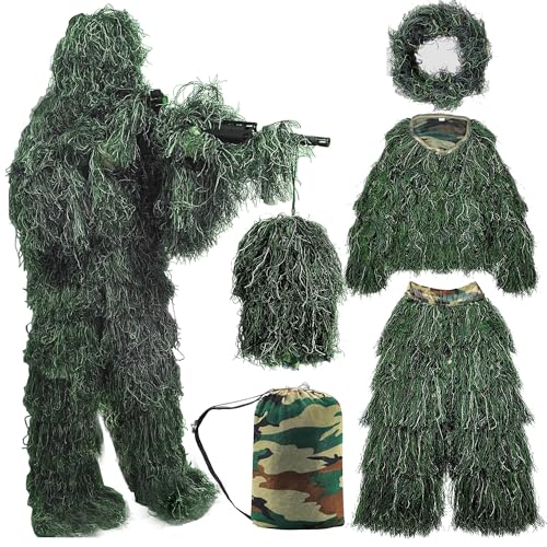 SATXTREM 5-in-1 Ghillie-Anzug, 3D-Camouflage-Jagdbekleidung, einschließlich Jacke, Hose, Kapuze, Tragetasche, geeignet für Unisex-Kinder von SATXTREM