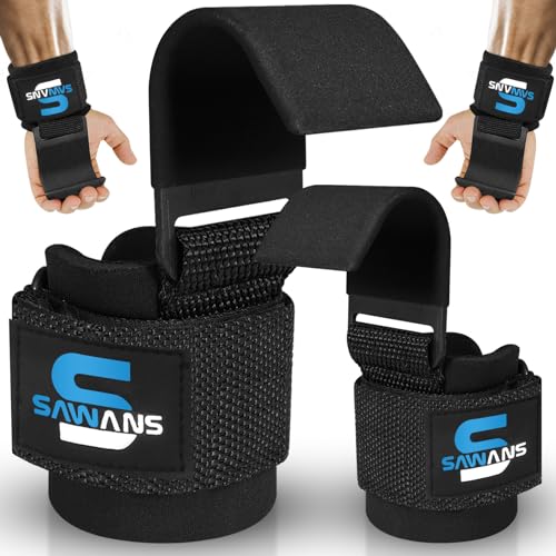 SAWANS Gewichtheberhaken, Handgelenkstütze gepolstert, Neopren, gummierte Stange, 8 mm, Power-Handgelenkriemen Paar Hebebänder mit Haken, Fitness-Hakenstange, Power-Gewichtheben (Schwarz) SAWANS Gewichtheberhaken, Handgelenkstütze gepolstert, Neopren, gummierte Stange, 8 mm, Power-Handgelenkriemen Paar Hebebänder mit Haken, Fitness-Hakenstange, Power-Gewichtheben (Schwarz) von SAWANS