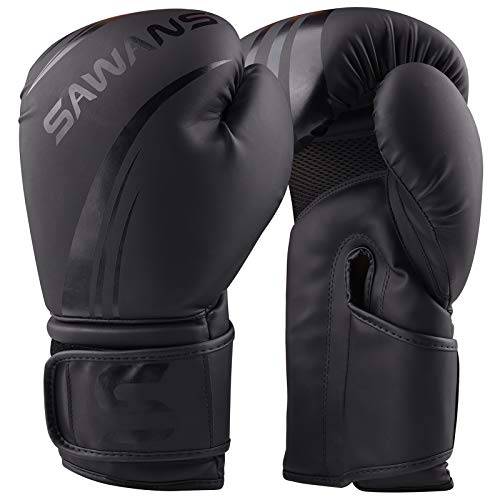 SAWANS® Professionelle Boxhandschuhe für MMA, Sparring, Kickboxen, Boxsack, Training, Muay Thai-Kämpfe (Mattschwarz, 10 OZ) von SAWANS