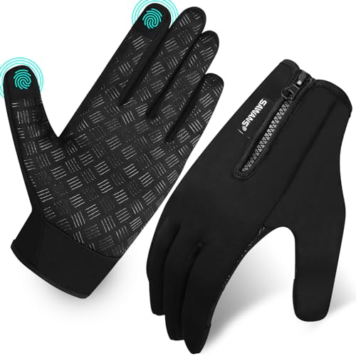 SAWANS Fahrradhandschuhe Bike Thermo Winter Laufhandschuhe für Herren Damen Rutschfest Touchscreen Warm Winter Outdoor Reißverschluss Handschuhe Verstellbar Fahren, Klettern Wandern Camping (Schwarz, von SAWANS