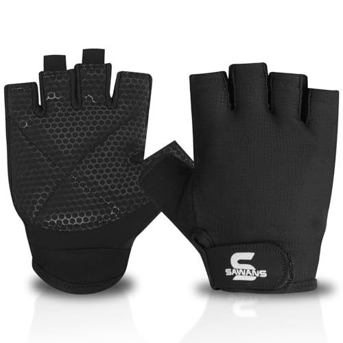 SAWANS Fitness-Handschuhe, Training, Gewichtheben, Handschuhe für Damen und Herren, atmungsaktiv, rutschfest, Silikon, gepolsterte Handfläche, Griffschutz, Übung, Workout, Halbfinger, Klimmzüge, von SAWANS