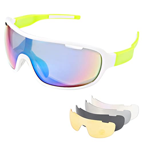 SAWUTPV Fahrradbrille Herren Damen Polarisierte mit Sehstärke TR90 Sportbrille Radfahren Winddicht MTB Sonnenbrille 5 Wechselgläser (grün) von SAWUTPV