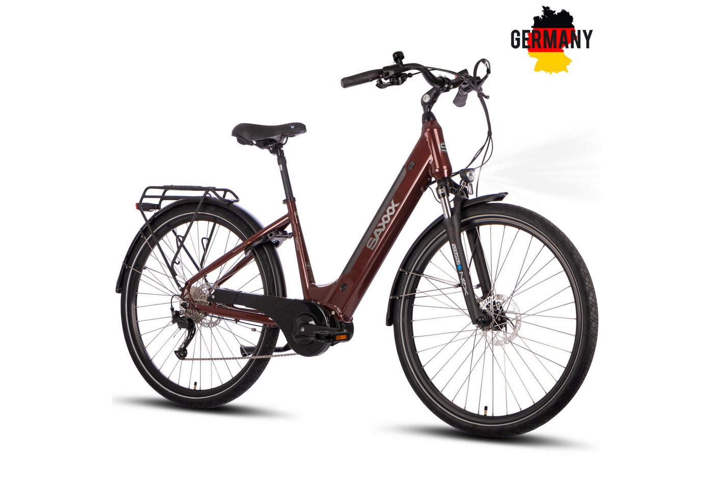 SAXXX E-Bike Cityrad Deluxe Sport Wave Citybike 28 Zoll für Damen und Herren, 9 Gang Shimano Alivio Schaltwerk, Kettenschaltung, Mittelmotor, 418 Wh, (mit Akku-Ladegerät, mit Akku-Schlüssel, mit Rahmenschloss), Elektrofahrrad mit 250W Motor und hydraulische Scheibenbremsen SAXXX E-Bike Cityrad Deluxe Sport Wave Citybike 28 Zoll für Damen und Herren, 9 Gang Shimano Alivio Schaltwerk, Kettenschaltung, Mittelmotor, 418 Wh, (mit Akku-Ladegerät, mit Akku-Schlüssel, mit Rahmenschloss), Elektrofahrrad mit 250W Motor und hydraulische Scheibenbremsen von SAXXX