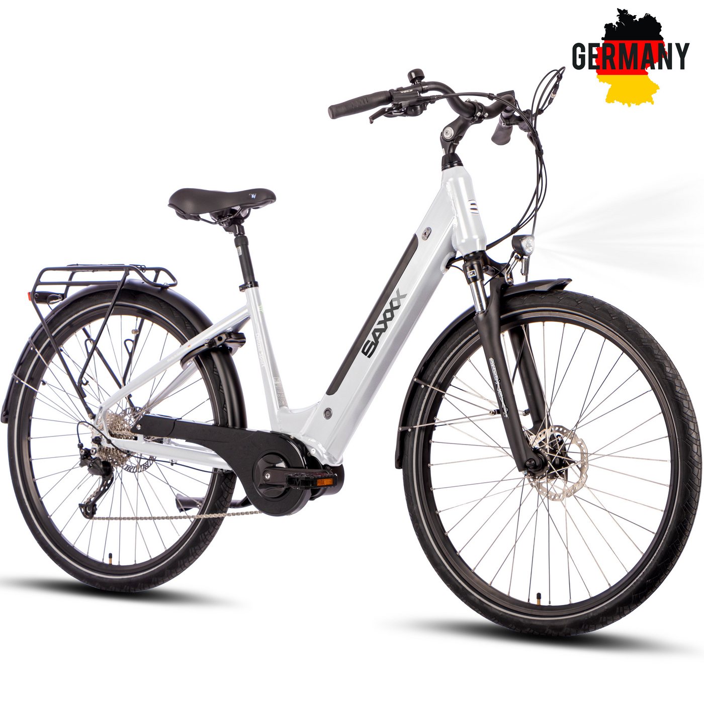 SAXXX E-Bike Cityrad Deluxe Sport Wave Citybike 28 Zoll für Damen und Herren, 9 Gang Shimano Alivio Schaltwerk, Kettenschaltung, Mittelmotor, 418 Wh, (mit Akku-Ladegerät, mit Akku-Schlüssel, mit Rahmenschloss), Elektrofahrrad mit 250W Motor und hydraulische Scheibenbremsen SAXXX E-Bike Cityrad Deluxe Sport Wave Citybike 28 Zoll für Damen und Herren, 9 Gang Shimano Alivio Schaltwerk, Kettenschaltung, Mittelmotor, 418 Wh, (mit Akku-Ladegerät, mit Akku-Schlüssel, mit Rahmenschloss), Elektrofahrrad mit 250W Motor und hydraulische Scheibenbremsen von SAXXX